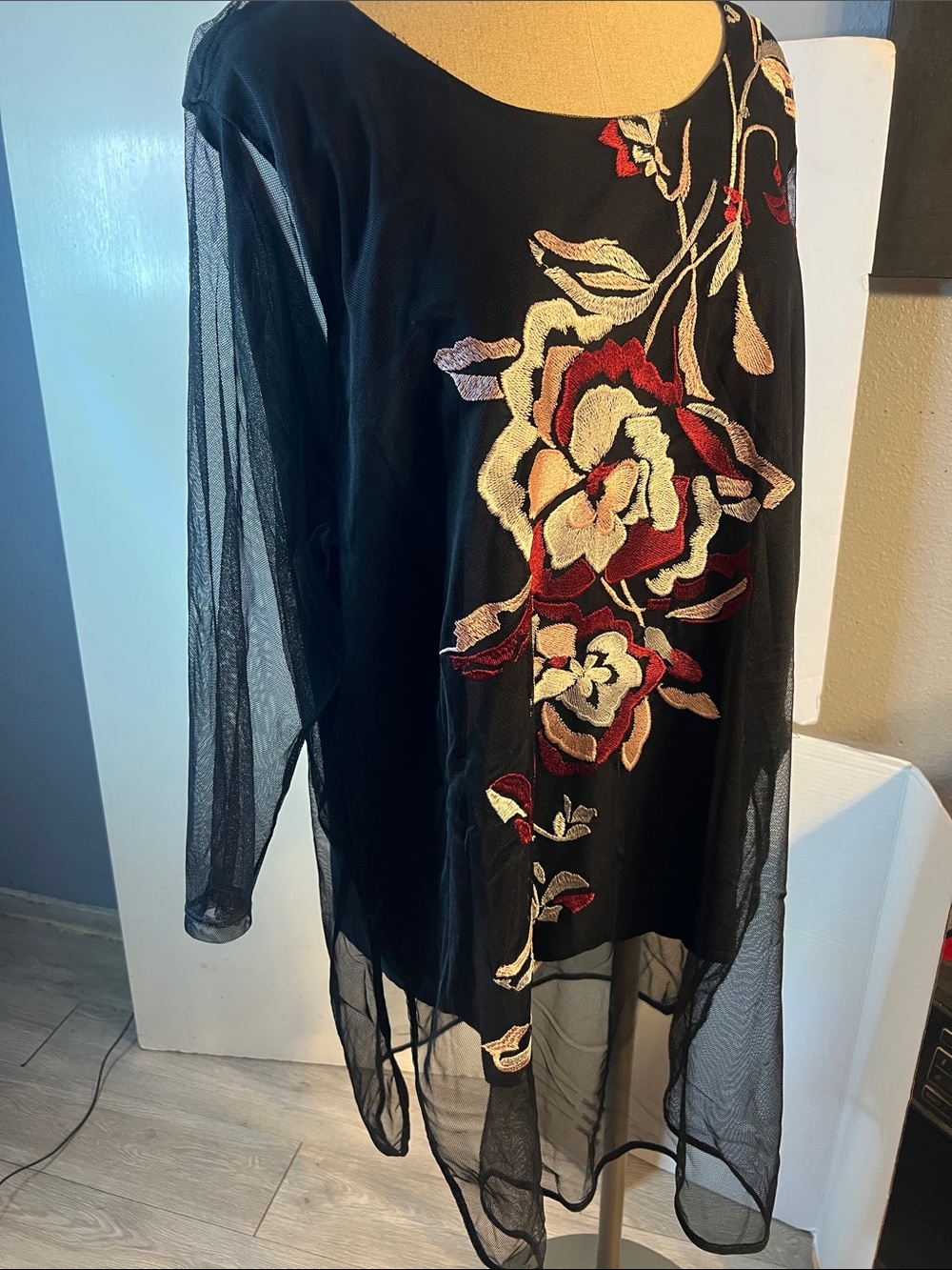 Alfani Black Sheer Tunic Skirt with Red and Cream Floral Embroidery